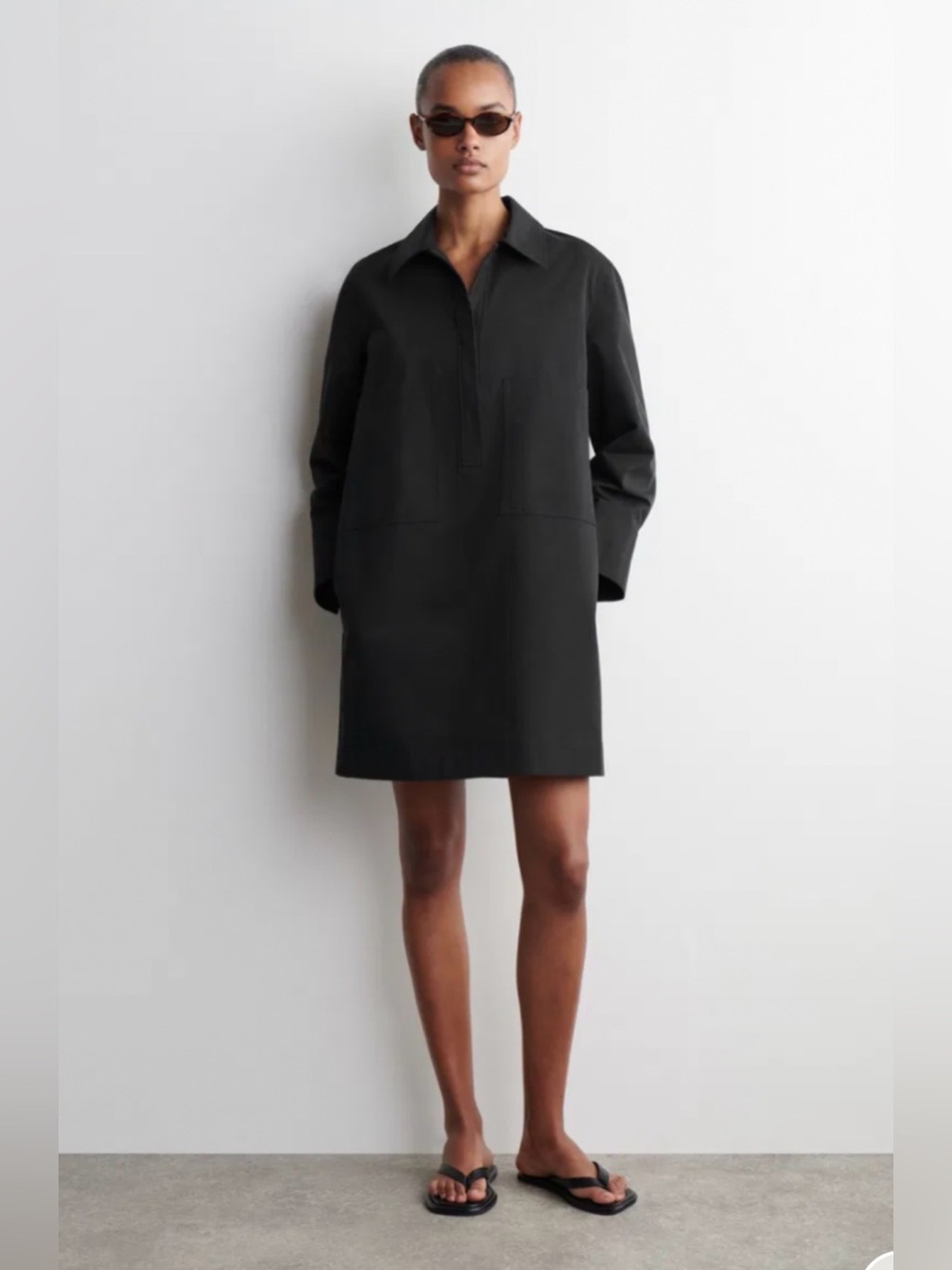 COS Black 100% Cotton Utility Mini Shirt Dress Minimalist Shift Dress